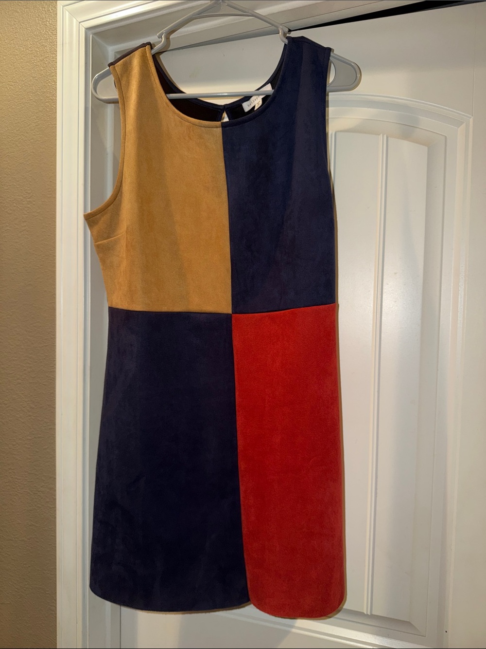 Colorblock Suede Shift Dress in Navy, Mustard & Red